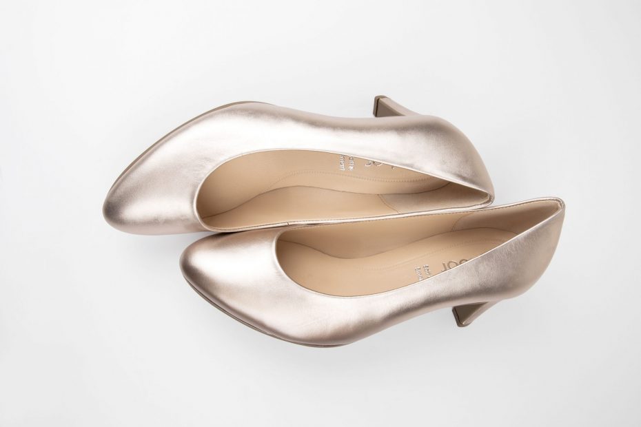 Edina heels in silver are sat against a white background.