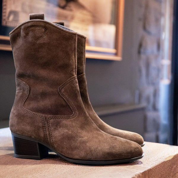 Cowboy boots are set on a table and there is a portrait in the background.